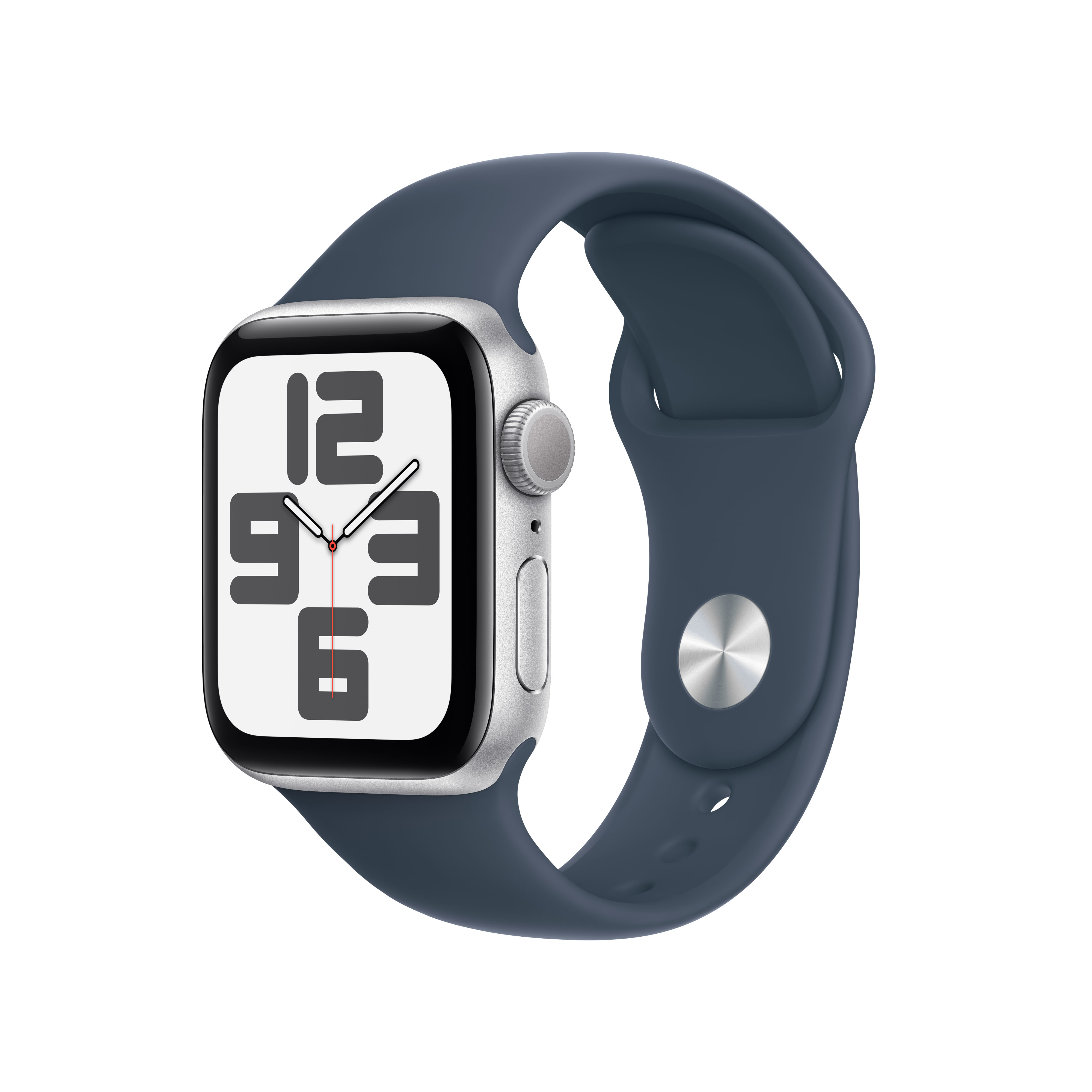 Eine graue Smartwatch mit einem blauen Armband und einem weißen Zifferblatt.