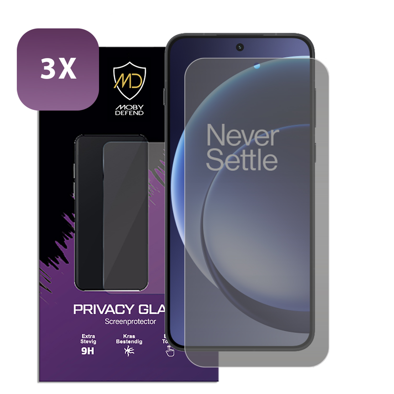 3X Moby Defend Privacy Glass Screenprotector voor smartphone.
