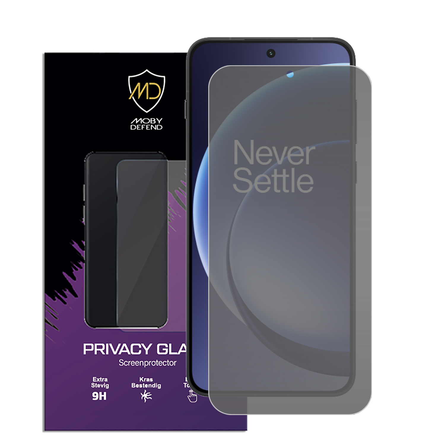 Verpakking met privacy screenprotector voor smartphone. "Never Settle" is zichtbaar.