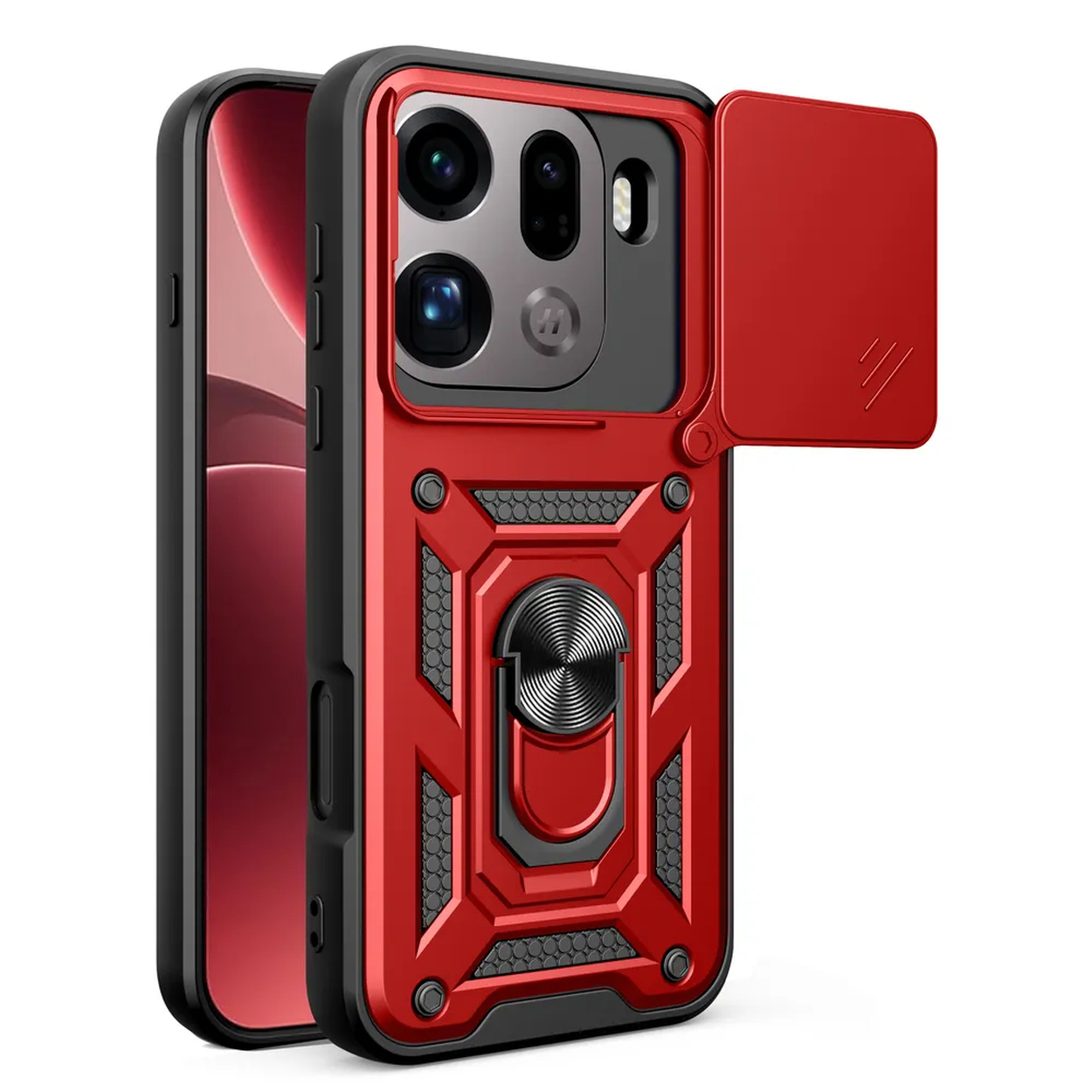 Coque de téléphone rouge avec cache-caméra et support anneau, sur fond blanc.