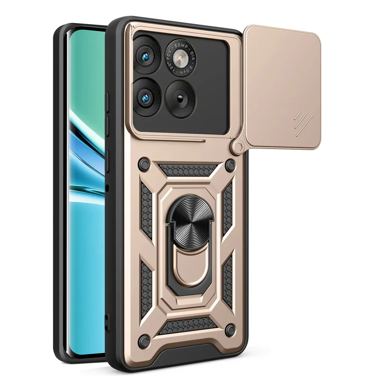 Coque de téléphone robuste dorée avec cache coulissant pour appareil photo et support bague.