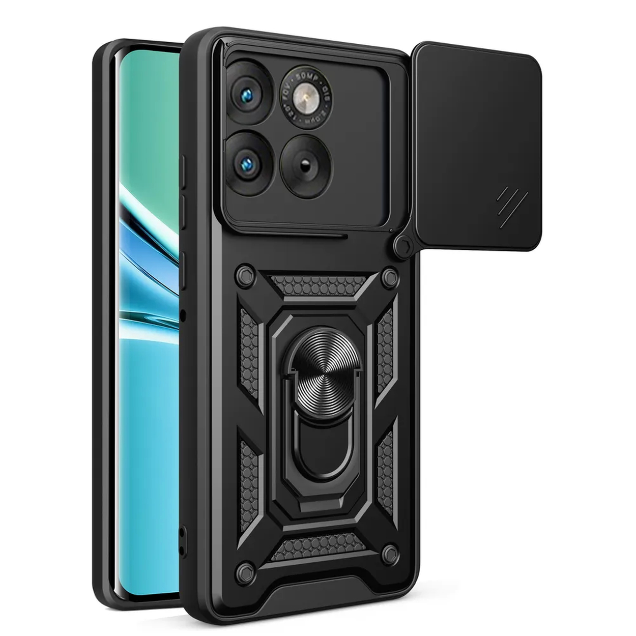Téléphone noir avec cache-caméra et support bague sur fond blanc.