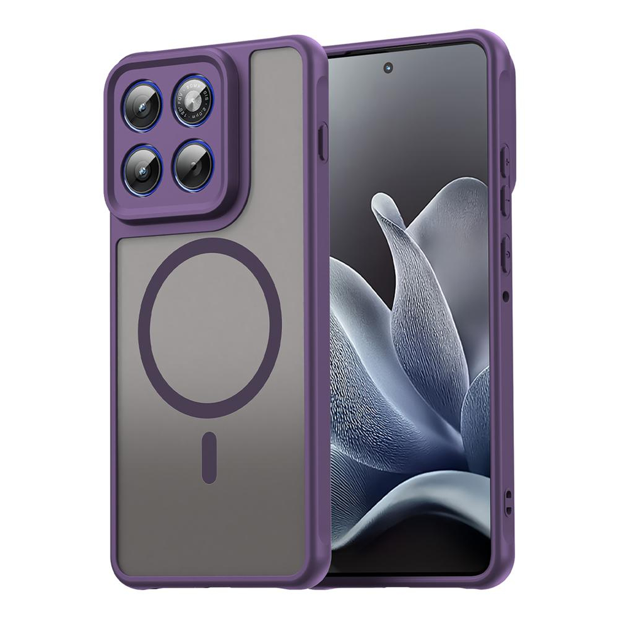 Paarse telefoonhoes met vier camera's en magneetring op doorschijnende achtergrond.