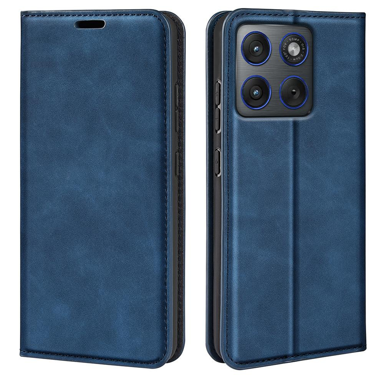 Blauw telefoonhoesje met quad camera. Gesloten en open getoond.