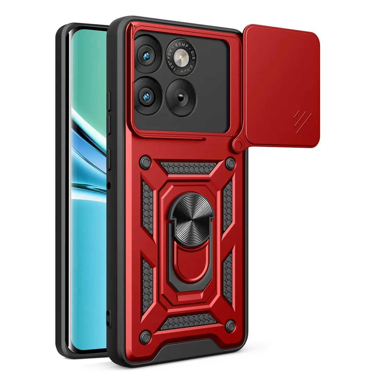 Coque de téléphone rouge avec cache-appareil photo, support bague et design robuste.