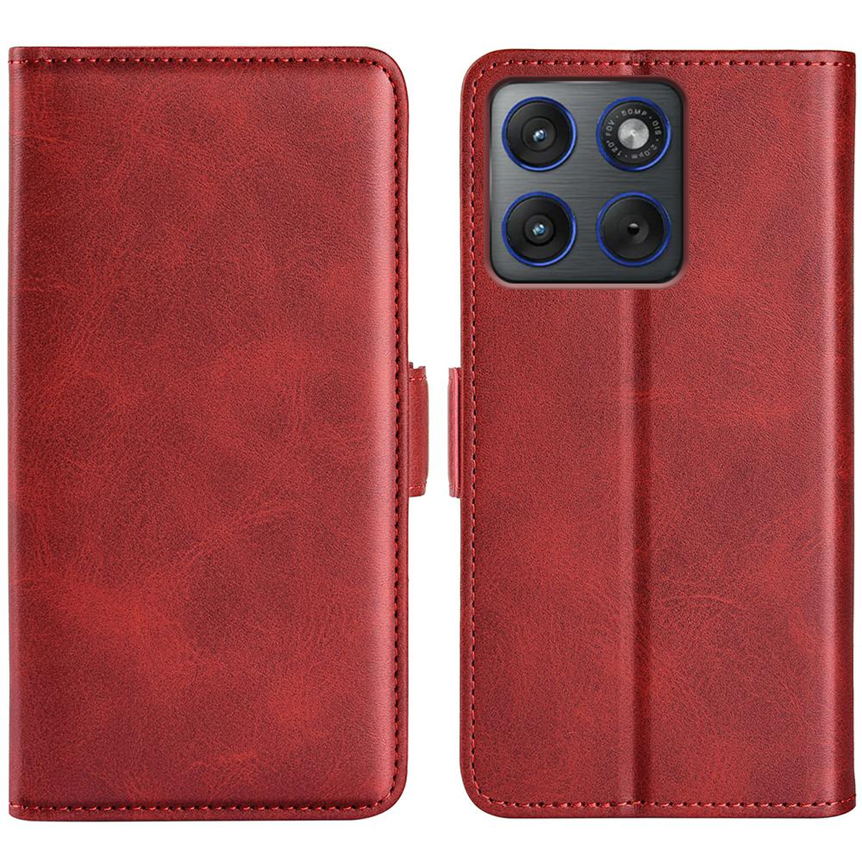 Étui de téléphone rouge, ouvert, montrant quatre objectifs de caméra.