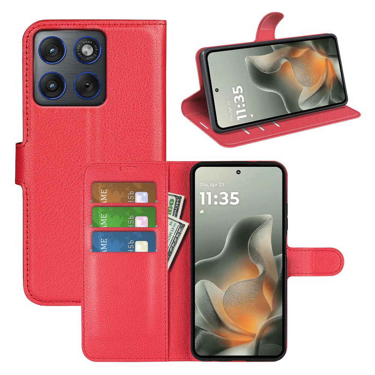 Rode lederen telefoonhoes met kaarten, geld en telefoonweergave tijd.