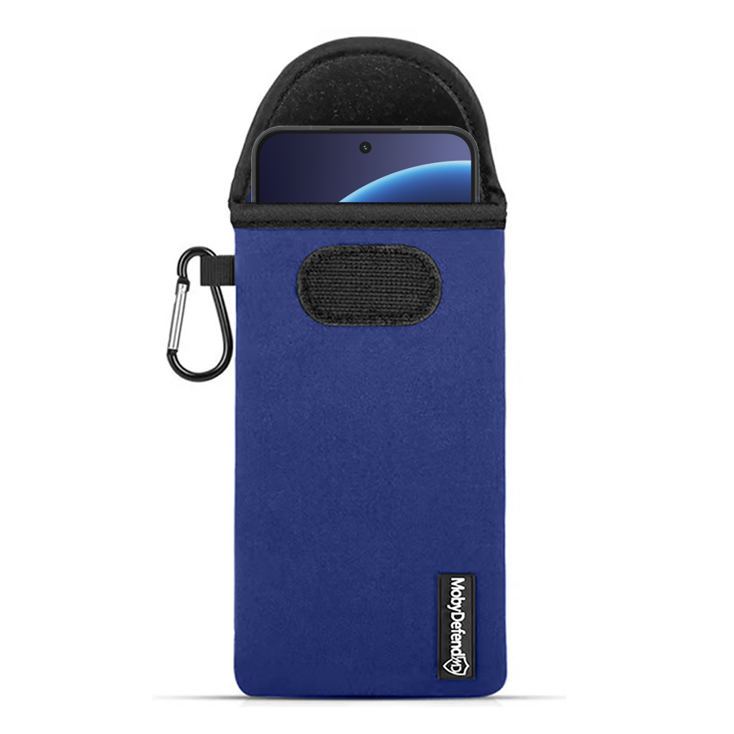 Blauw telefoonhoesje met karabijnhaak en klittenband, zwarte rand.