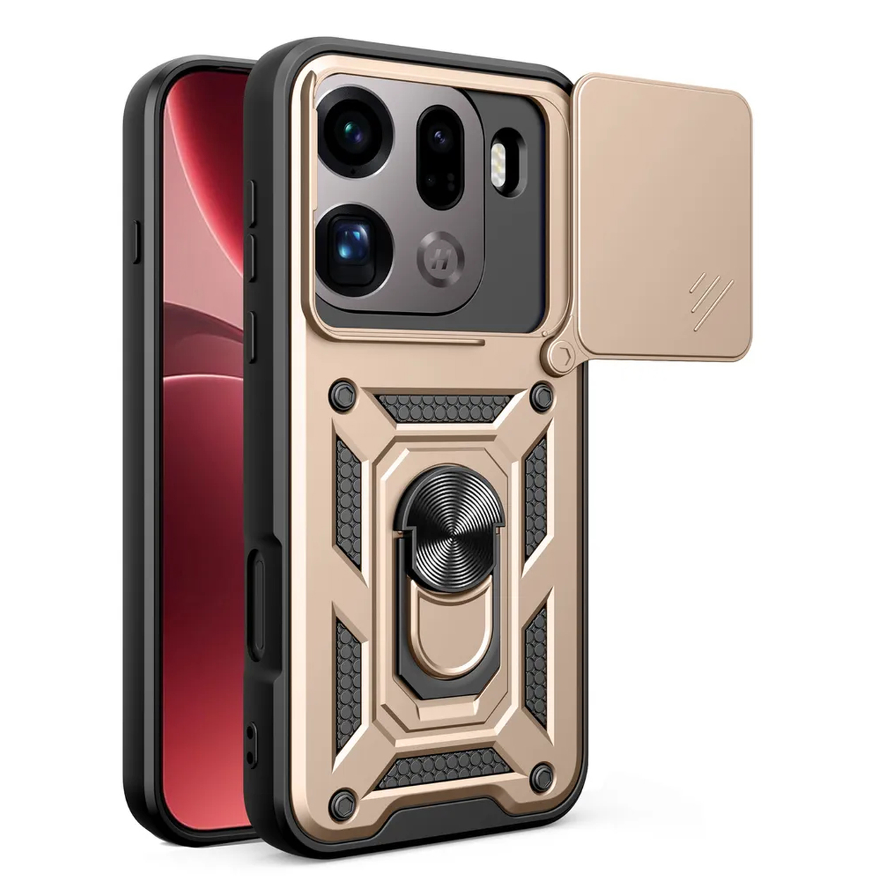 Gouden telefoonhoes met camerabedekking, ringhouder en zwarte accenten.
