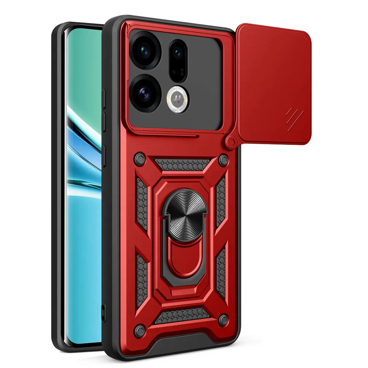 Rode telefoonhoes met camerabescherming en ringhouder.