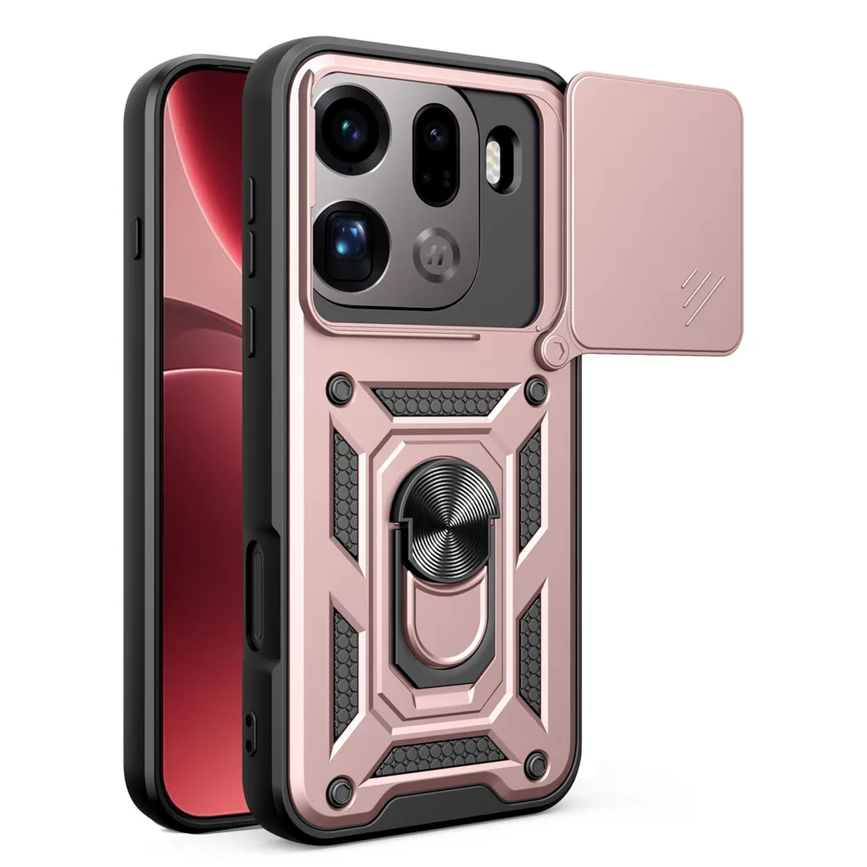 Roségouden telefoonhoes met cameralensdeksel en ringhouder.