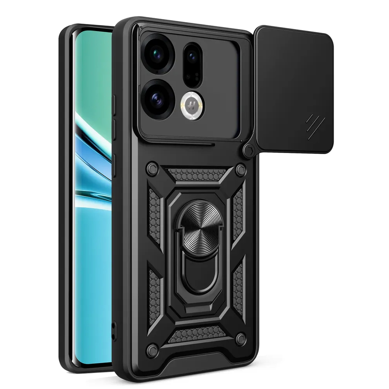 Zwarte telefoonhoes met ringhouder en camerahoes.