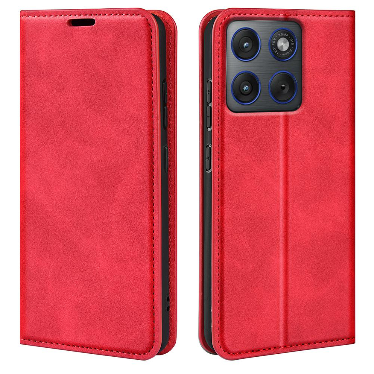 Coque à rabat rouge pour smartphone avec système photo derrière.