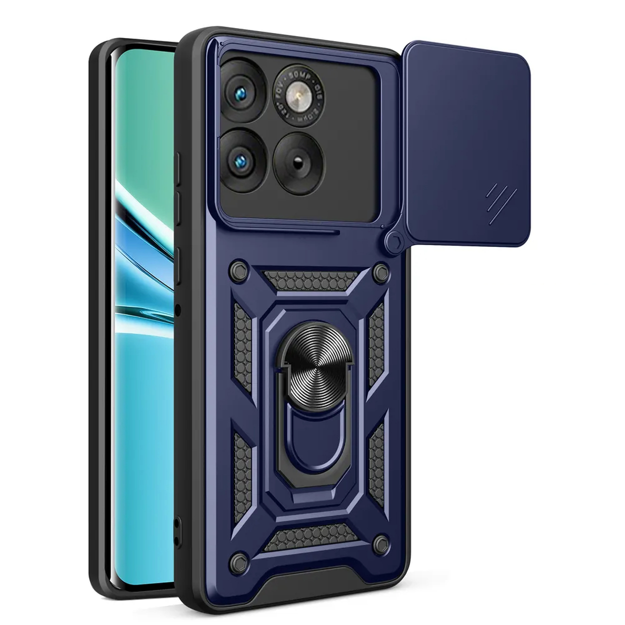Coque de téléphone bleu foncé avec cache-objectif et support anneau.