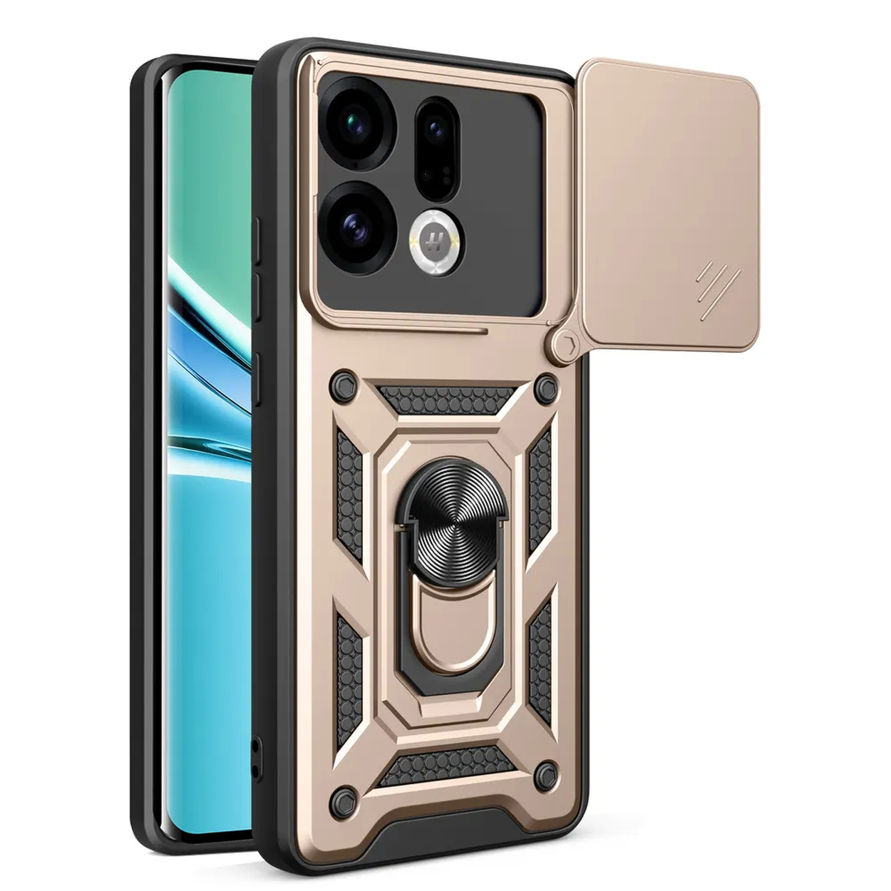 Gouden telefoonhoes met cameralensbescherming, ringhouder en schuifje.