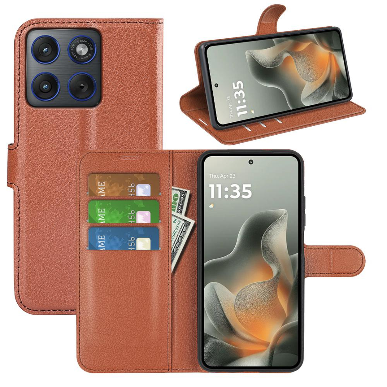 Étui de téléphone en cuir marron avec fentes pour cartes et téléphone debout.