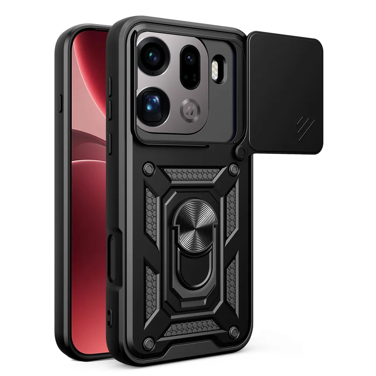 Zwarte telefoonhoes met cameralenskap en ringhouder.
