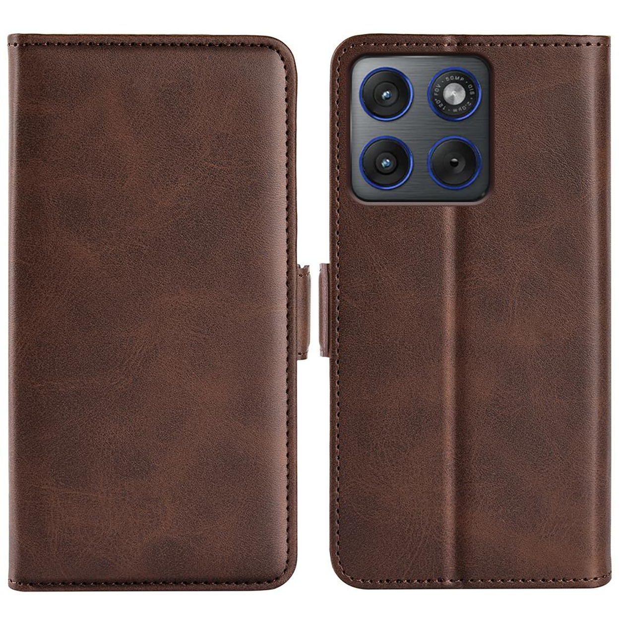 Étui en cuir marron pour smartphone avec configuration de quatre caméras.
