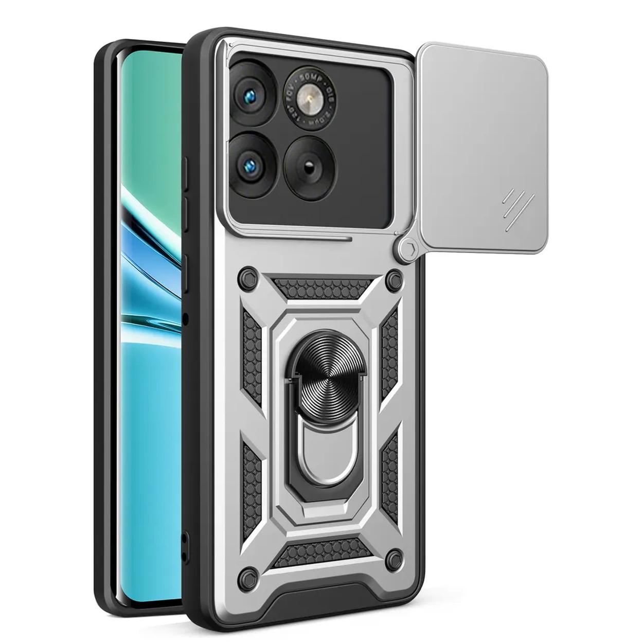 Coque de téléphone argentée avec support bague, cache caméra et design robuste.