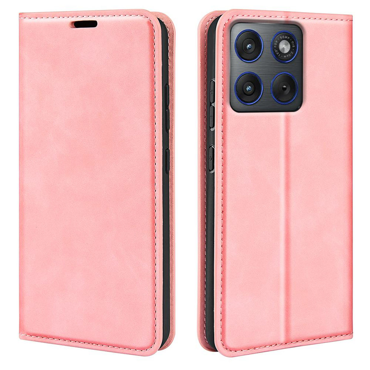 Een roze telefoonhoes die de buitenkant en cameramodule toont.