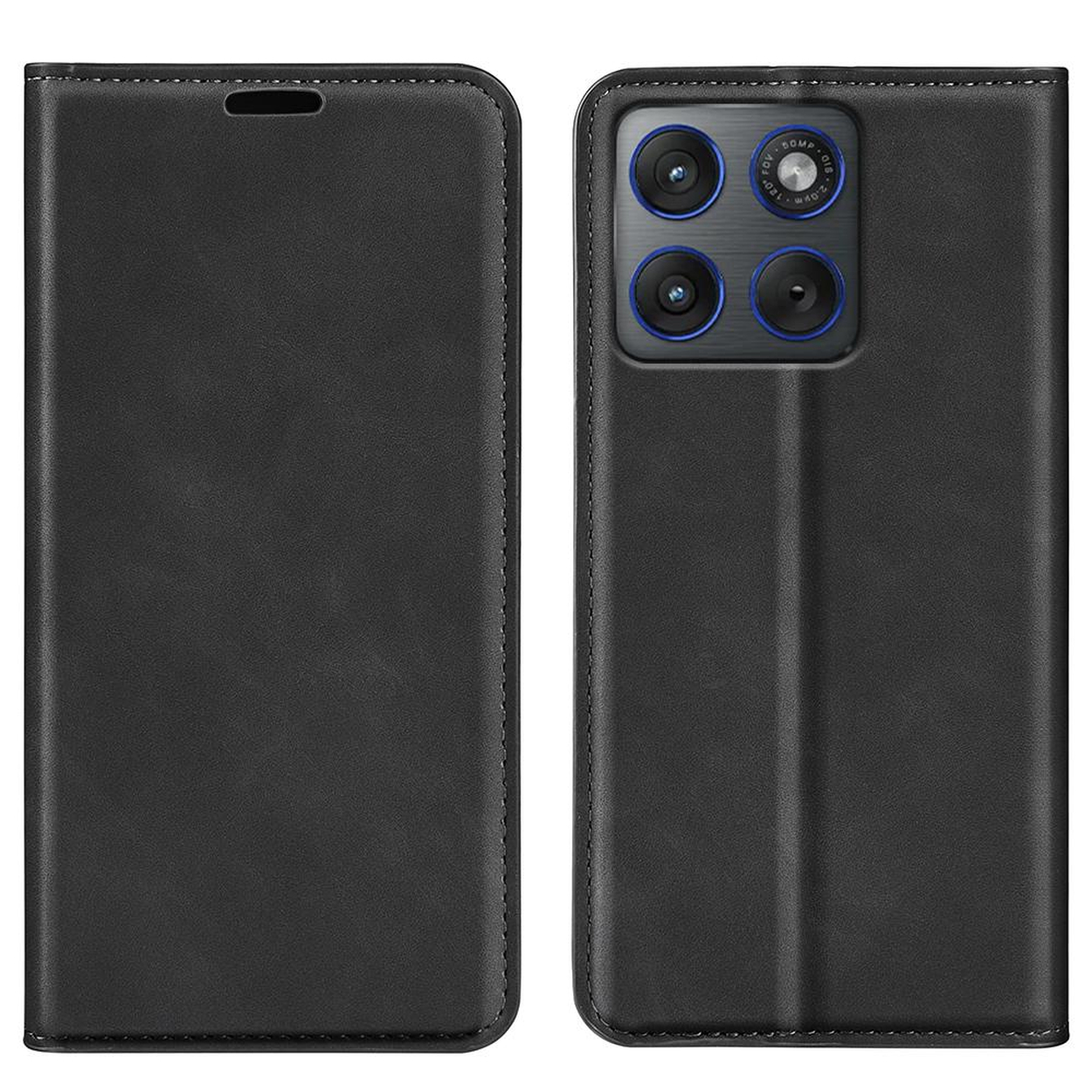Étui portefeuille noir pour téléphone, face avant et arrière avec quatre objectifs.