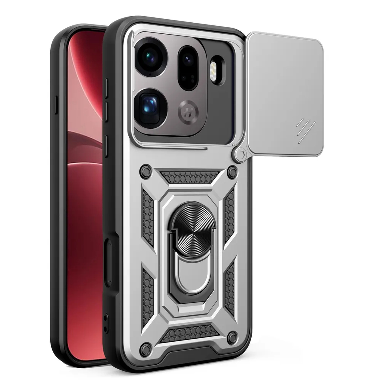 Zilveren telefoonhoes met camerabescherming, ringhouder en gegroefd patroon.