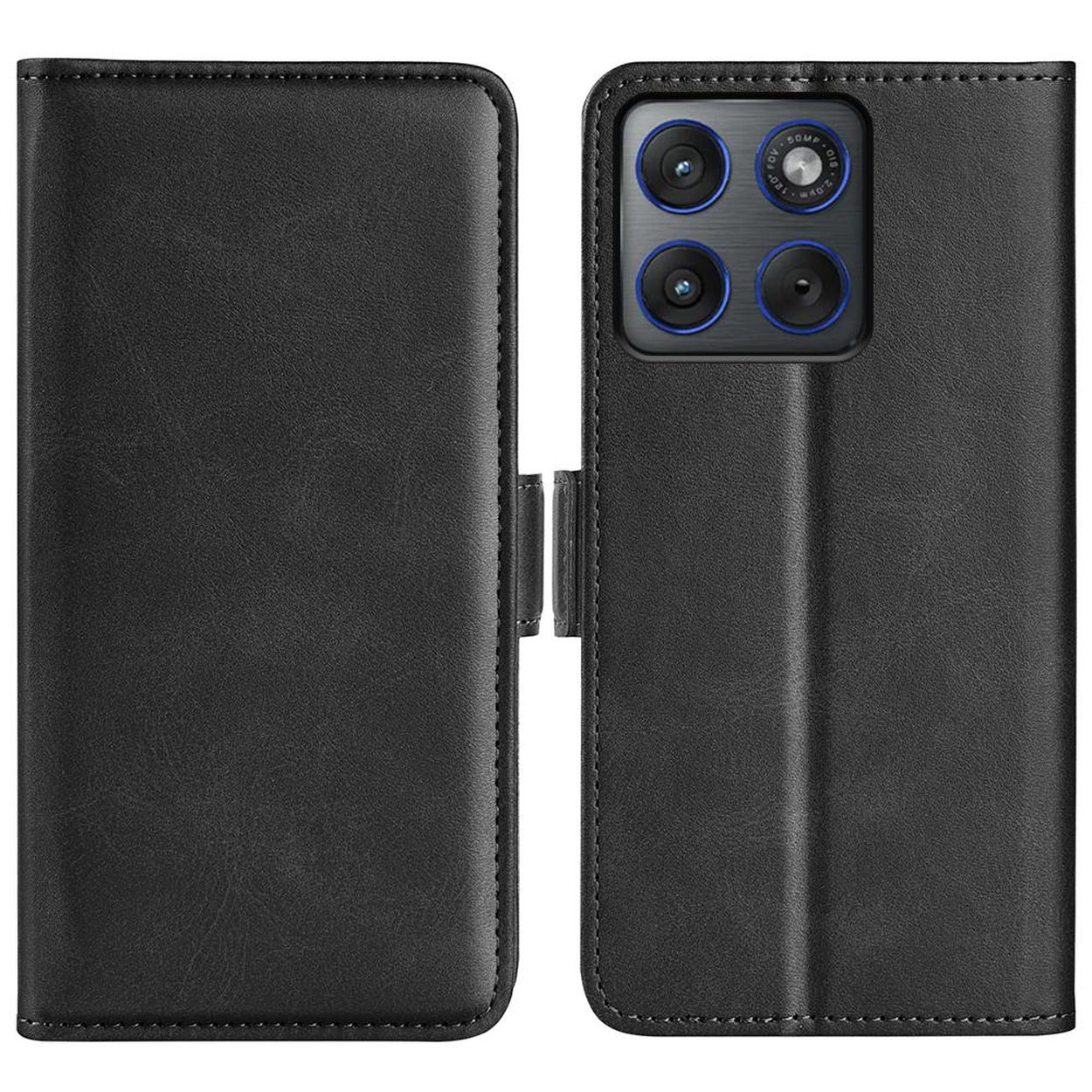 Téléphone noir avec quatre caméras dans un étui noir.