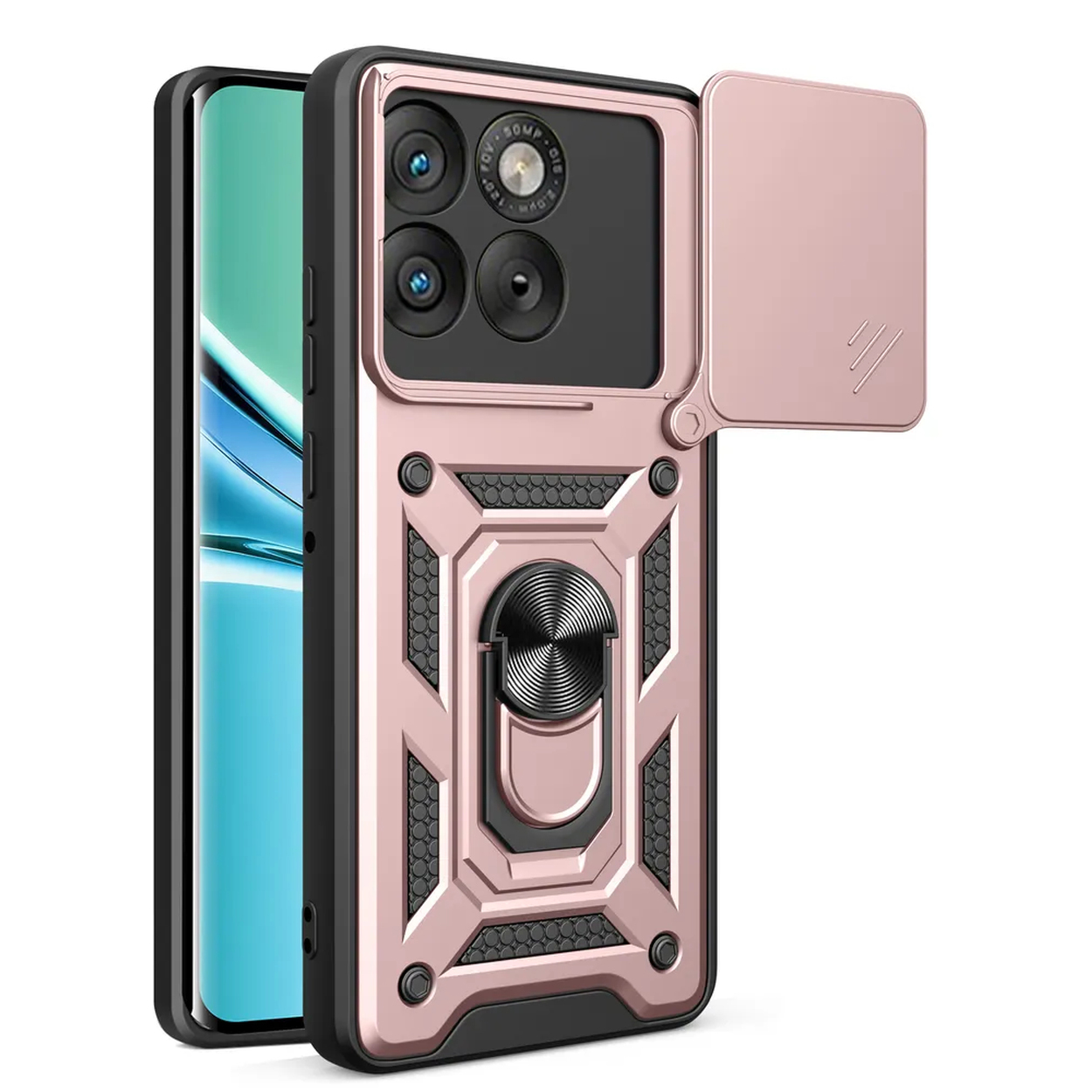 Coque de téléphone or rose avec anneau et cache caméra.