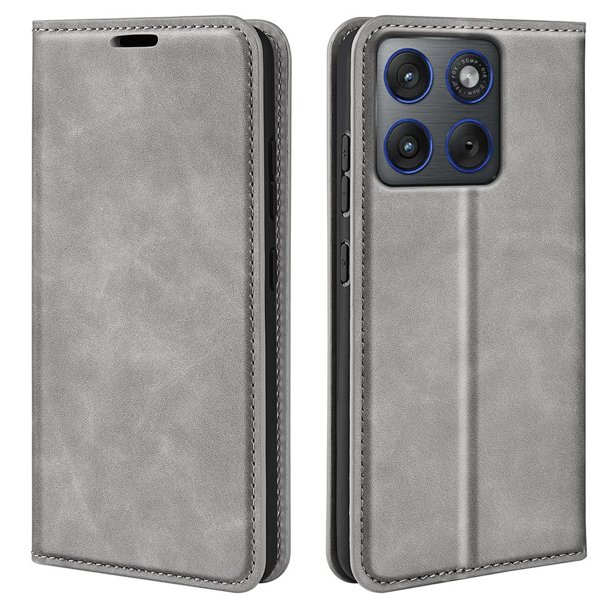 Grijze flipcase met vier camera's aan de rechterkant.