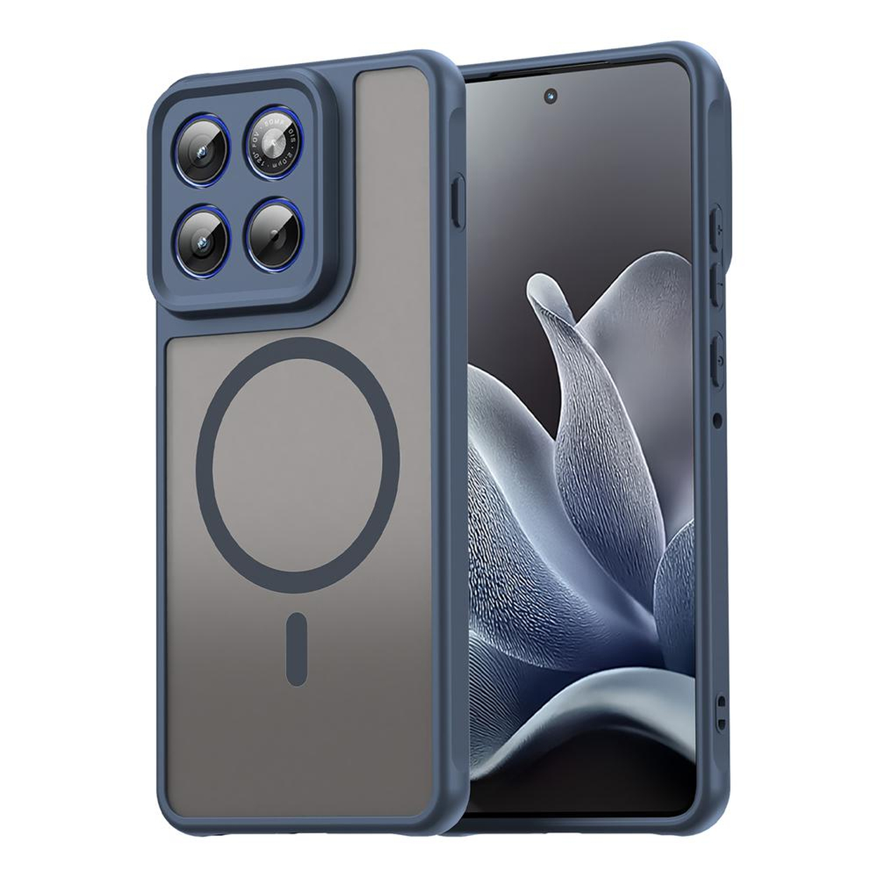 Een blauwe telefoon met een mat achteromhulsel en vier camera's.