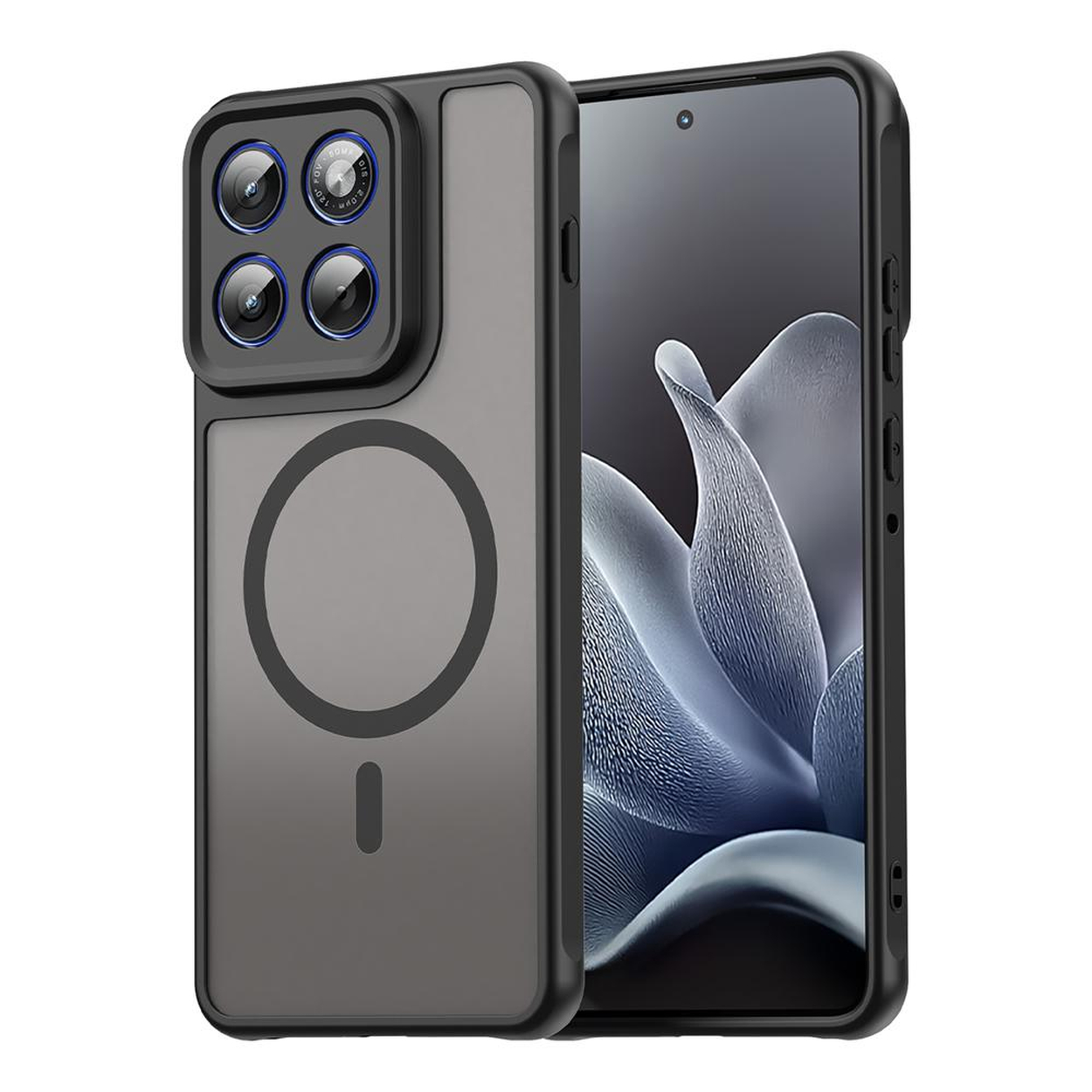 Een smartphone met een zwarte hoes met een vier-camera array.