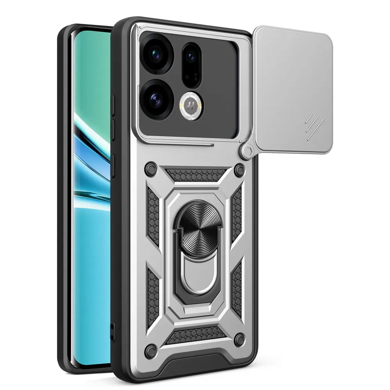 Robuuste telefoonhoes met ringhouder en zilveren camerabeschermer.