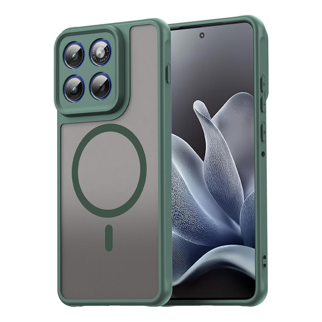Groene telefoonhoes met vier camera's en magneetring op transparante achtergrond.