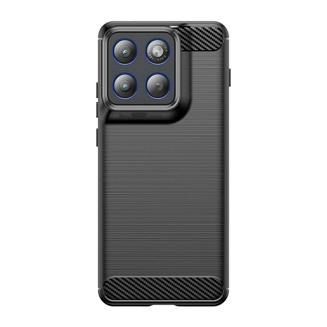 Coque de téléphone gris foncé avec quatre objectifs et accents carbone.