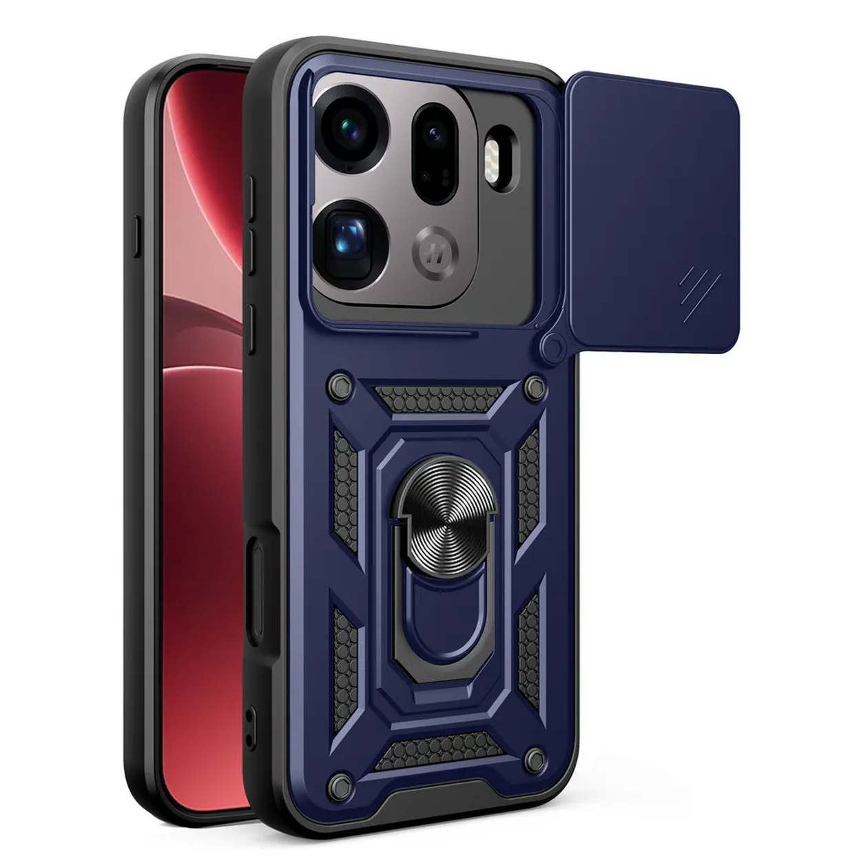 Donkerblauwe telefoonhoes met cameralensdeksel, ringhouder en schuifvak.