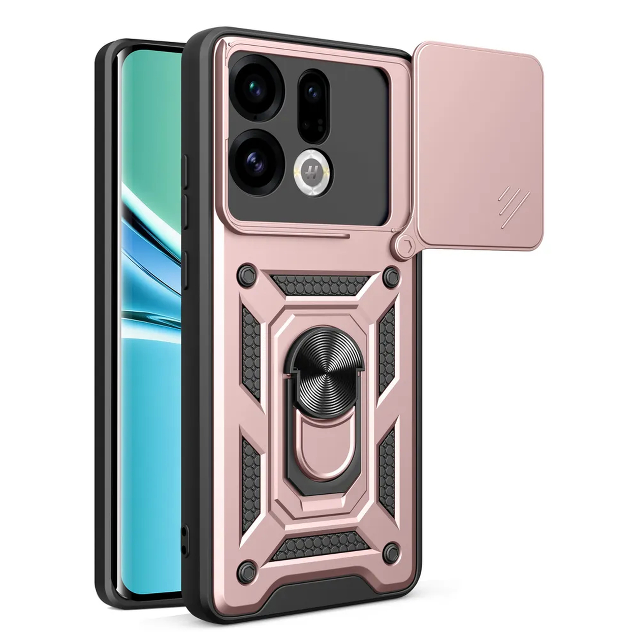 Een roségouden telefoonhoesje met cameralensbeschermer en ringhouder.