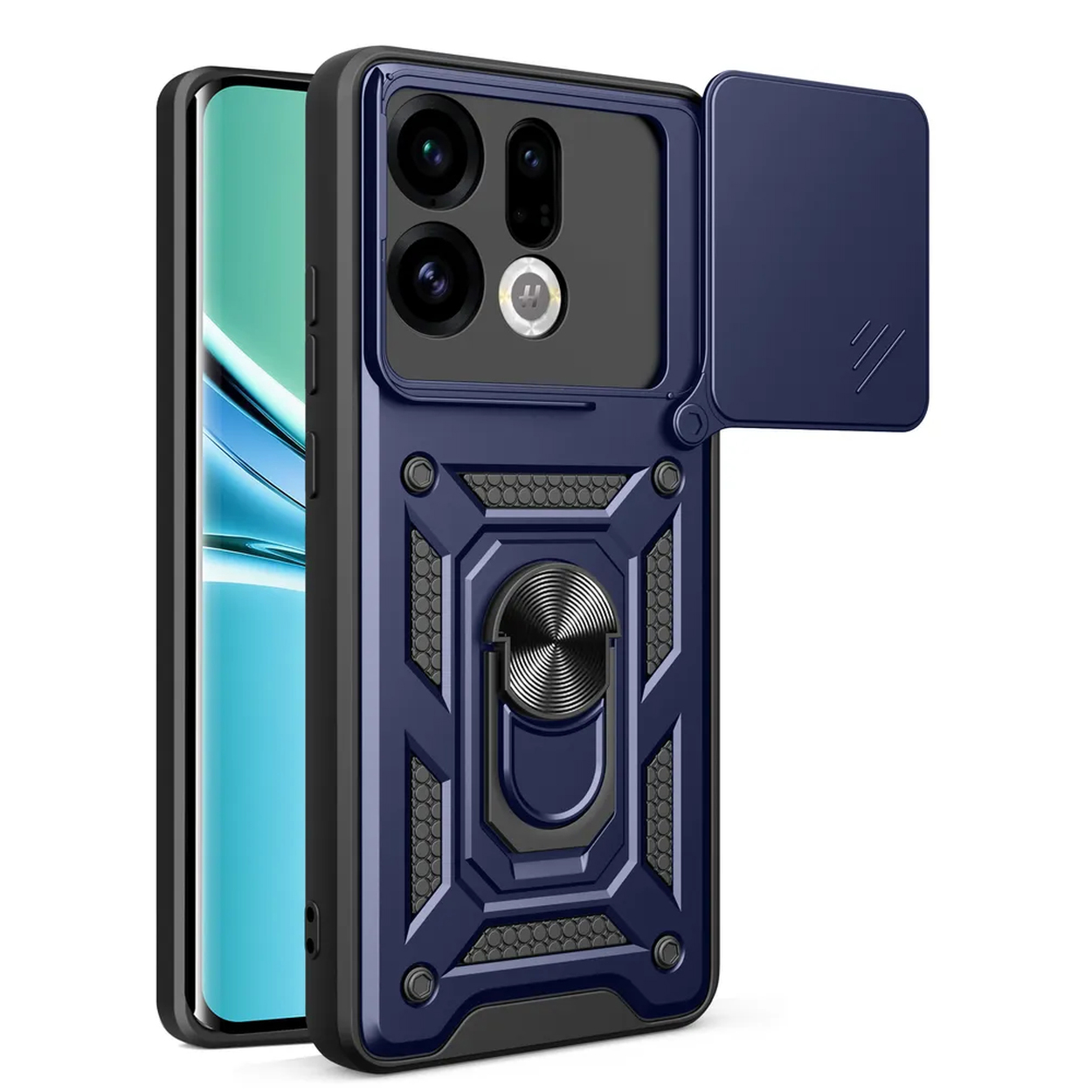 Donkerblauw telefoonhoesje met cameradop en ringhouder.