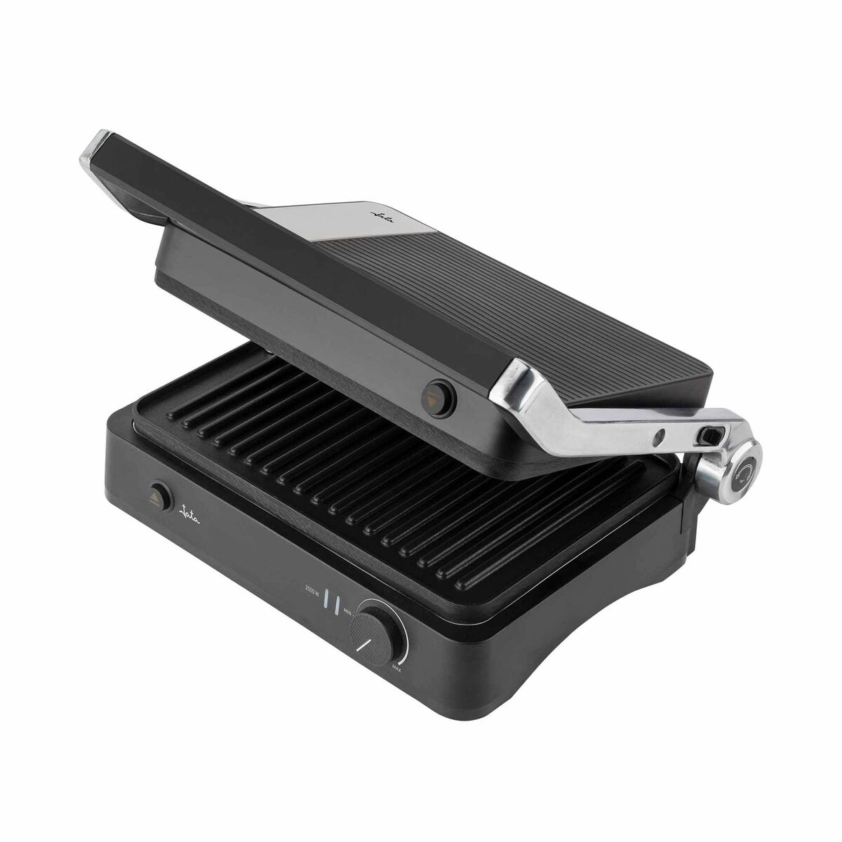 Una parrilla de contacto negra abierta con placas acanaladas y detalles plateados.