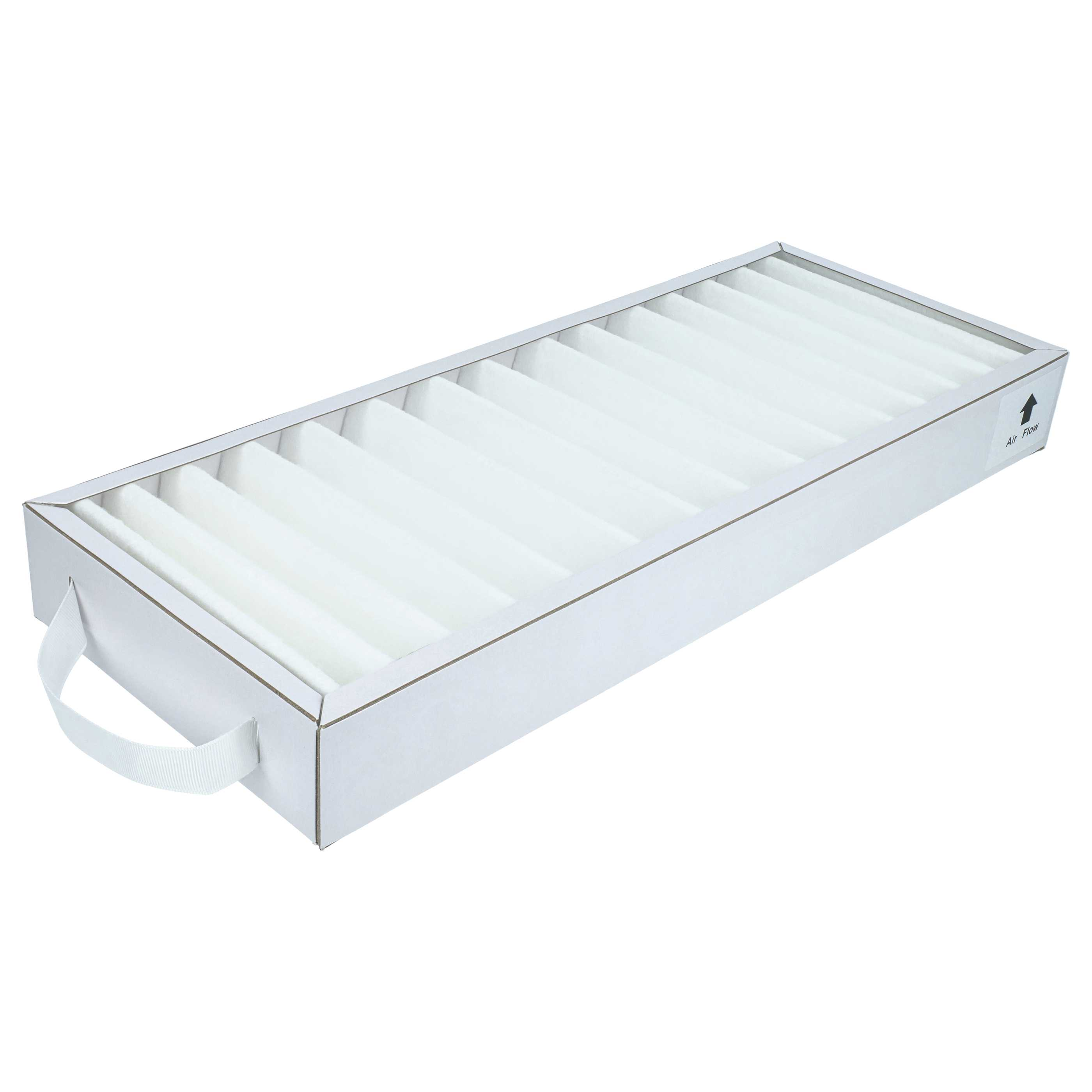Ein weißer Luftfilter mit Falten und einem "Air Flow"-Aufkleber.