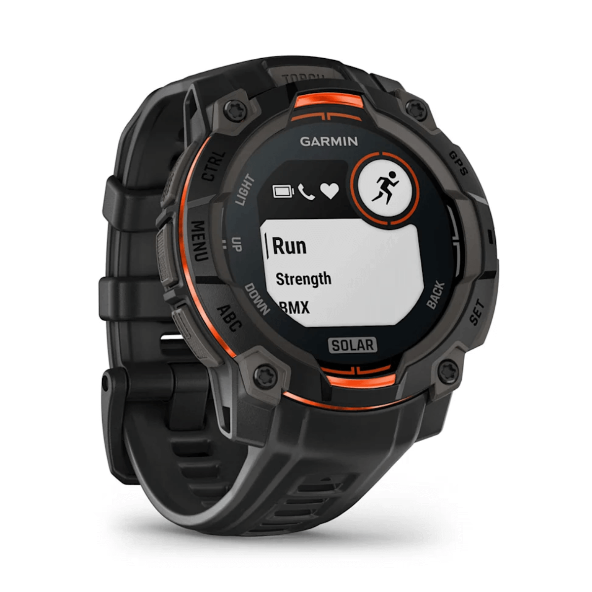 Czarny smartwatch Garmin z pomarańczowymi akcentami, pokazuje 'Bieg'.