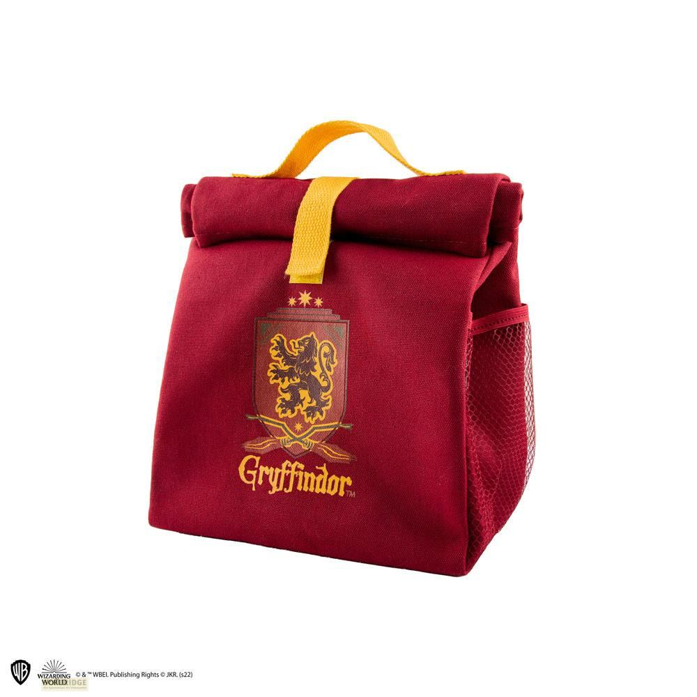 Eine rote Gryffindor-Lunchtasche mit gelbem Henkel und Wappen.