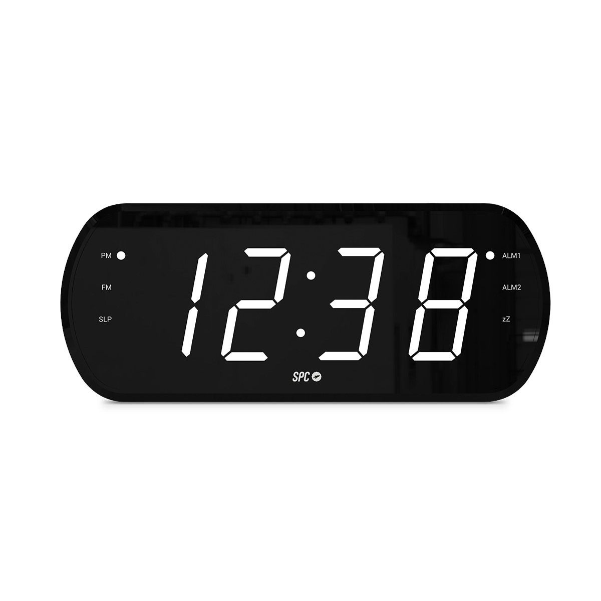 Reloj digital mostrando 12:38 con dígitos blancos en pantalla negra.