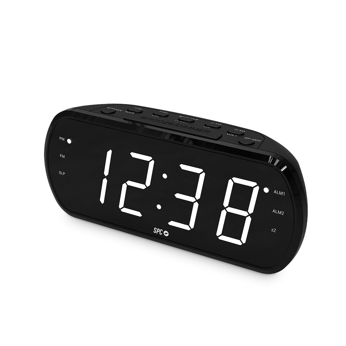 Despertador digital negro con pantalla blanca 12:38 y botones arriba.
