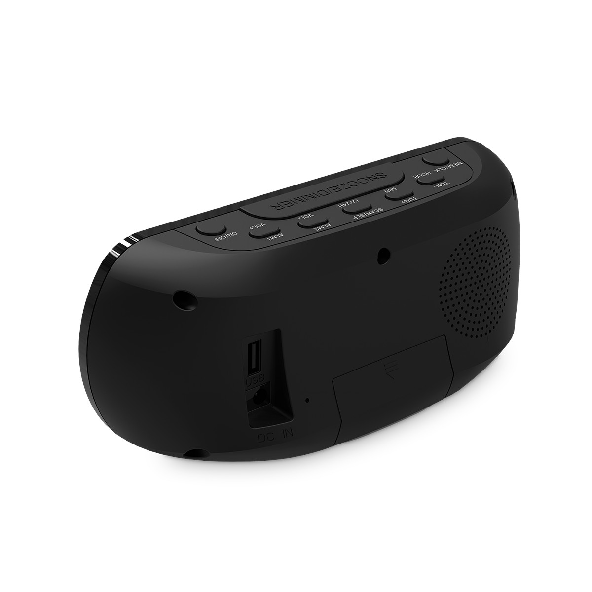 Reloj despertador digital negro con botones, rejilla de altavoz, puertos USB y DC IN.