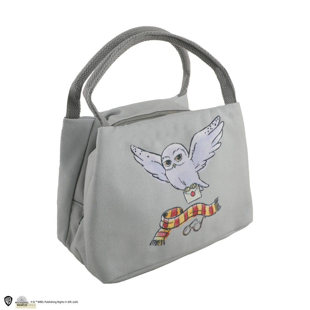 Graue Tasche mit Harry Potter Motiv: Eule mit Brief, Schal und Brille.