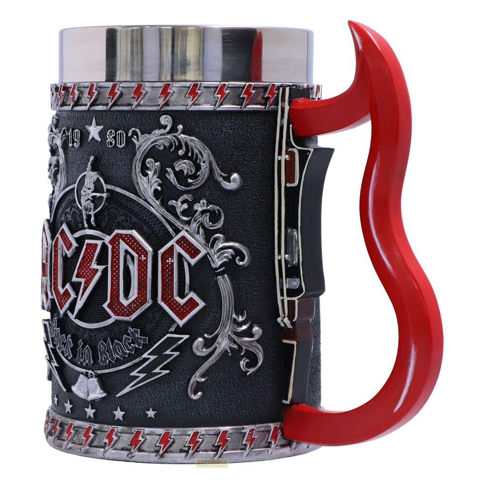 AC/DC Bierkrug mit rotem Gitarrengriff und Blitz-Muster.