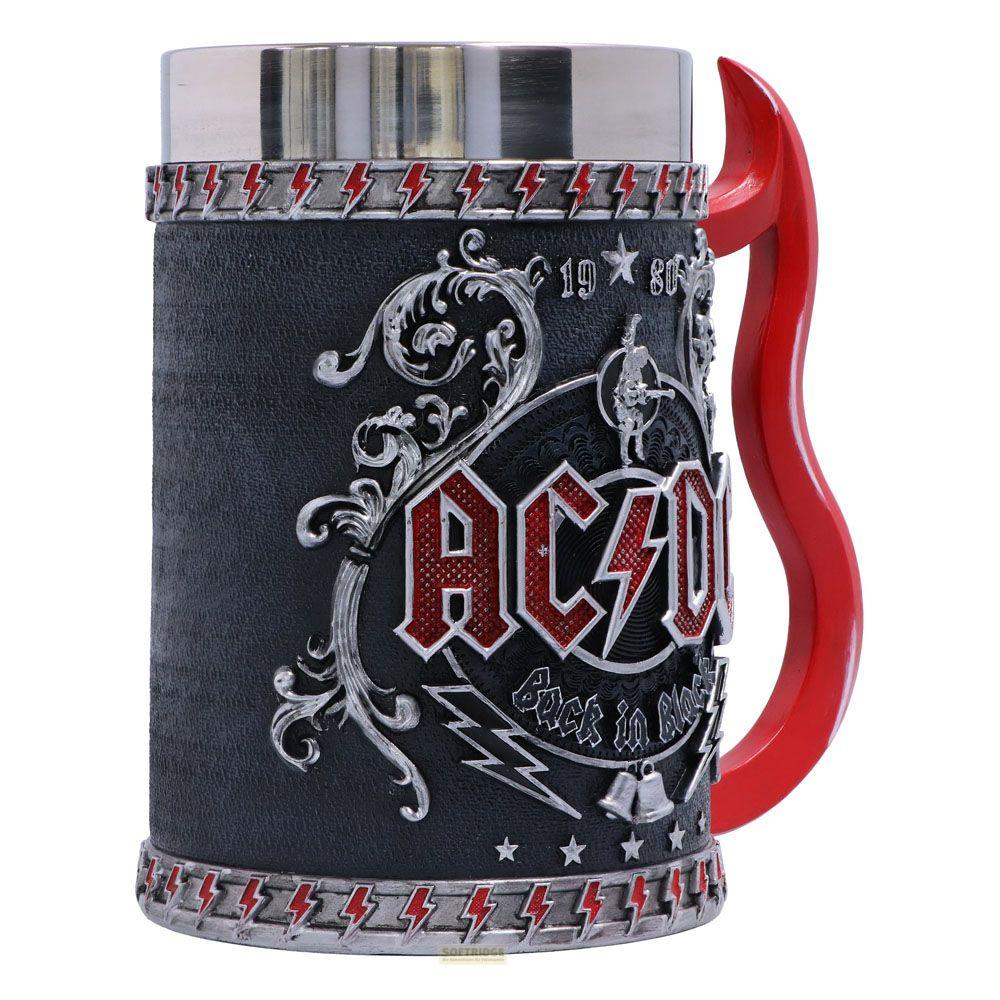 Schwarzer AC/DC Becher mit rotem Griff und Blitzdetails.