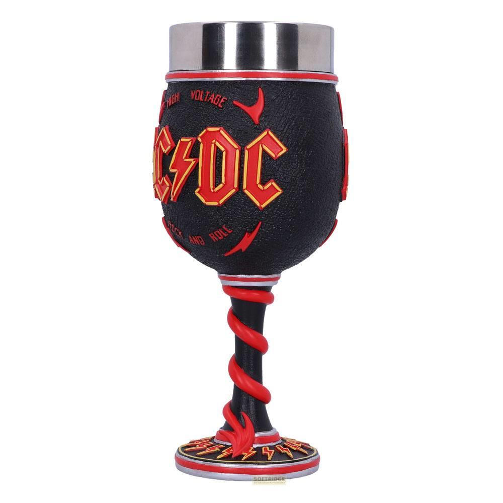 AC/DC-Kelch mit schwarzem, texturiertem Körper, roten Blitzen und Metallrand.