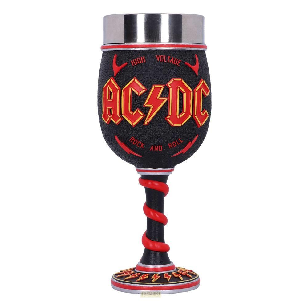 Schwarzer Kelch mit AC/DC-Logo, roten Blitzen und Metallrand.