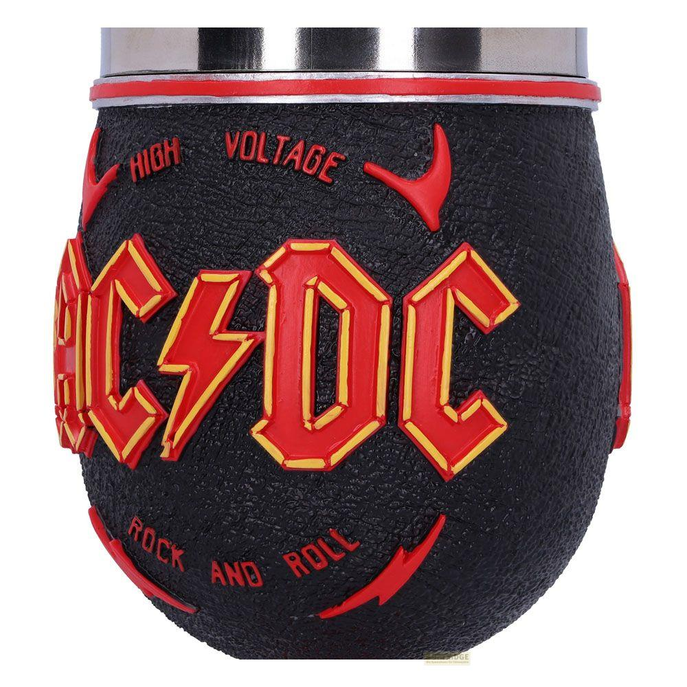 Schwarzer Becher mit AC/DC Logo, rotem Rand und Blitzdetails.